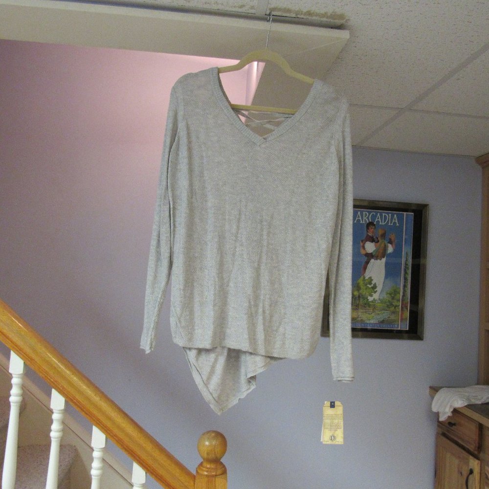 Democracy Gray Asymmetrical Lace Up Sweater